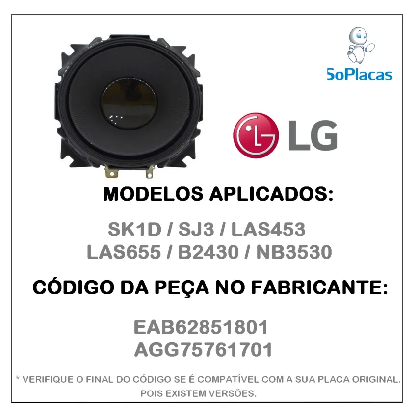 ALTO FALANTE LG SK1D SJ3 LAS453 LAS655 NB2430 NB3530 EAB62851801 AGG75761701 ORIGINAL