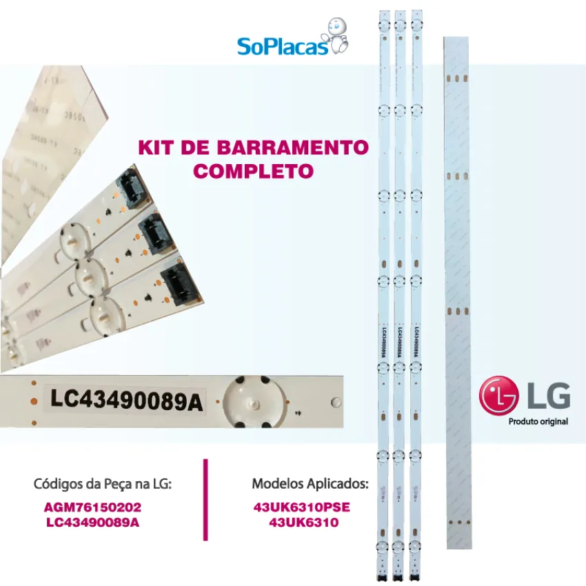 KIT BARRAMENTO DE LED LG 43UK6310PSE 43UK6310 AGM76150202 LC43490089A NOVO E ORIGINAL