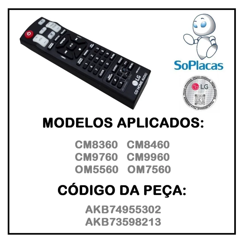 CONTROLE REMOTO LG CM8360 CM8460 CM9760 CM9960 OM5560 OM7560 AKB74955302