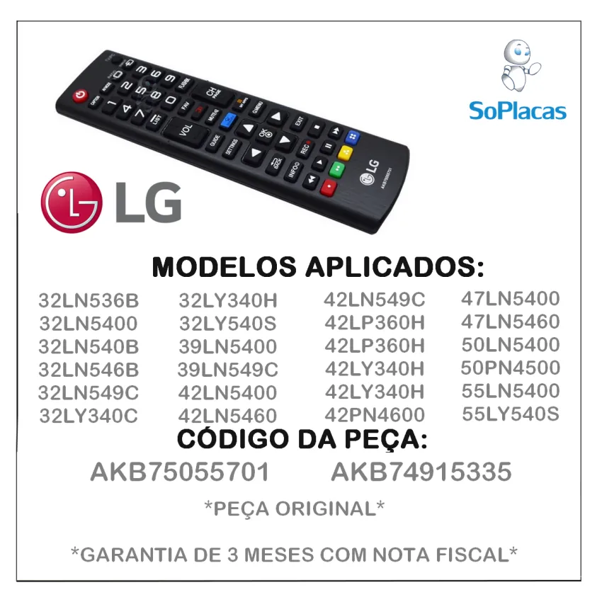 CONTROLE REMOTO LG SMART AKB75055701 AKB75055702 AKB74915392 32LN536B 32LN5400 32LN540B 32LN546B 32LN549C 32LY340C