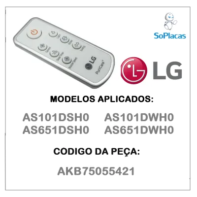 CONTROLE REMOTO DO PURIFICADOR LG AKB75055421 AS101DSH0 AS101DWH0 AS651DSH0 AS651DWH0 - ORIGINAL