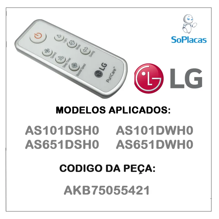 CONTROLE REMOTO DO PURIFICADOR LG AKB75055421 AS101DSH0 AS101DWH0 AS651DSH0 AS651DWH0 - ORIGINAL