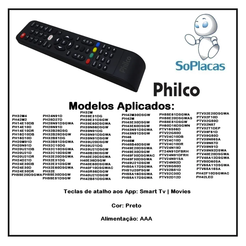 Controle Remoto Philco Ph32b28dsg Ph32b51dg Ph32c10dg Atalhos: Smart Tv | Movies