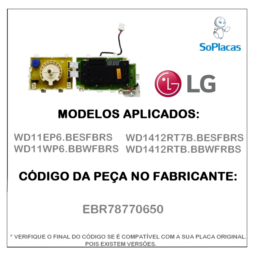 PLACA DISPLAY / INTERFACE LAVA E SECA LG WD11EP6 WD11WP6 WD1412RT7B WD1412RTB EBR78770650 EBR78770643 AGL73858781 - ORIG
