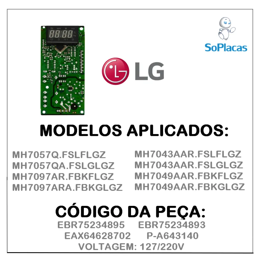 PLACA DISPLAY MICROONDAS LG MH7057Q MH7057QA MH7097AR MH7097ARA EBR75234895 EBR75234893 EAX64628702 P-A643140