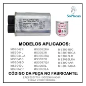 CAPACITOR ALTA TENSÃO MICROONDAS LG 0.80uF 2100V 50/60Hz MS3042R MS3044L MS3045S EAE62927701