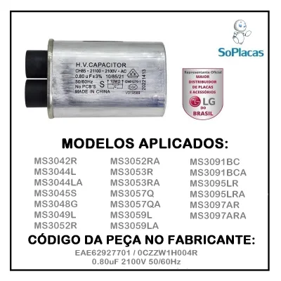 CAPACITOR ALTA TENSÃO MICROONDAS LG 0.80uF 2100V 50/60Hz MS3042R MS3044L MS3045S EAE62927701