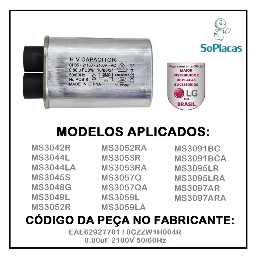 CAPACITOR ALTA TENSÃO MICROONDAS LG 0.80uF 2100V 50/60Hz MS3042R MS3044L MS3045S EAE62927701