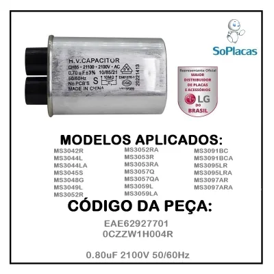 CAPACITOR ALTA TENSÃO MICROONDAS 0.70UF 2100V 50/60HZ MS2346S MS2342B MS1944A MS2347G 0CZZW1H004M