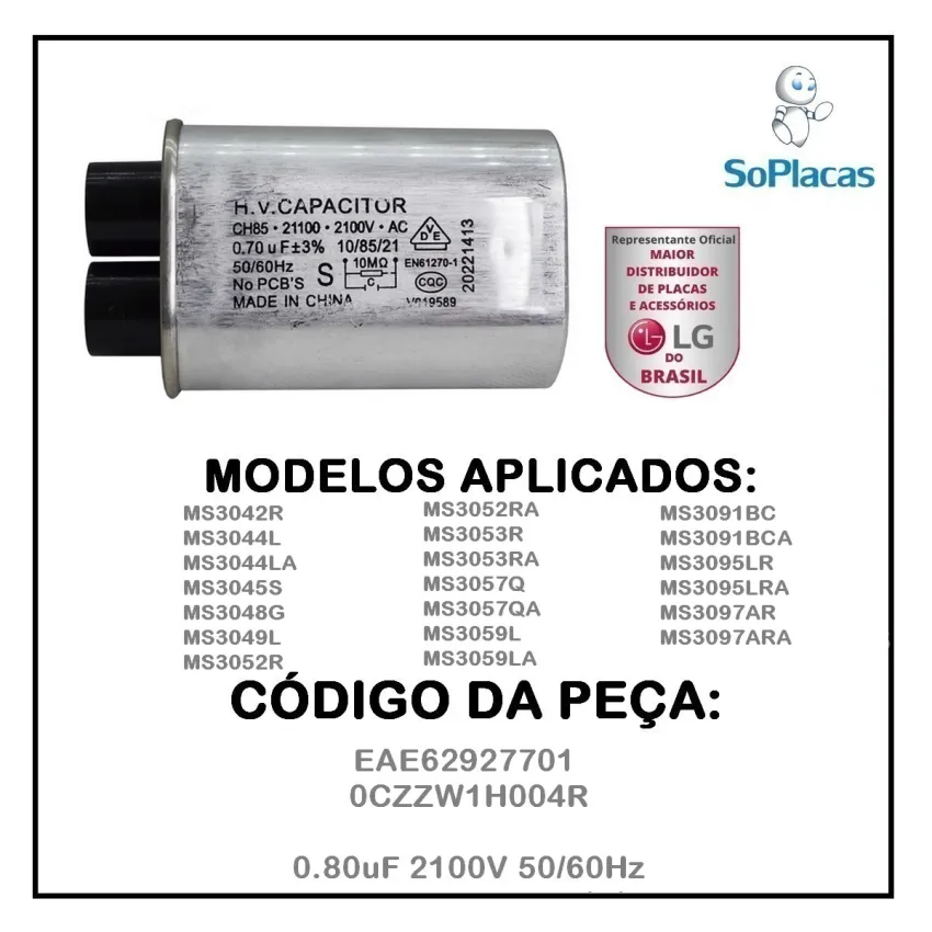 CAPACITOR ALTA TENSÃO MICROONDAS 0.70UF 2100V 50/60HZ MS2346S MS2342B MS1944A MS2347G 0CZZW1H004M