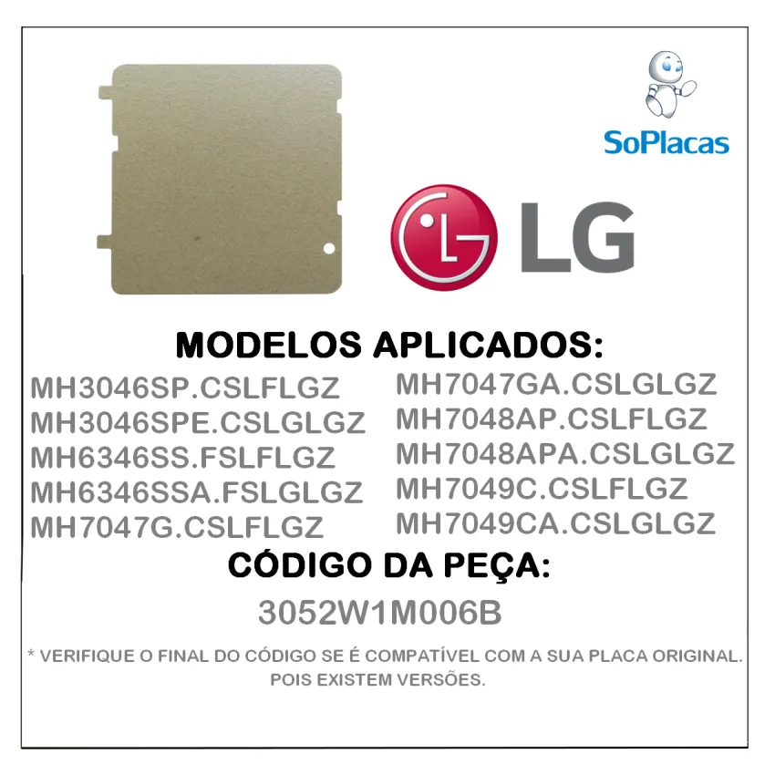 PLACA DE MICA MICROONDAS LG MH3046SP MH6346SS MH7047G MH7048AP MH7049C 3052W1M006B