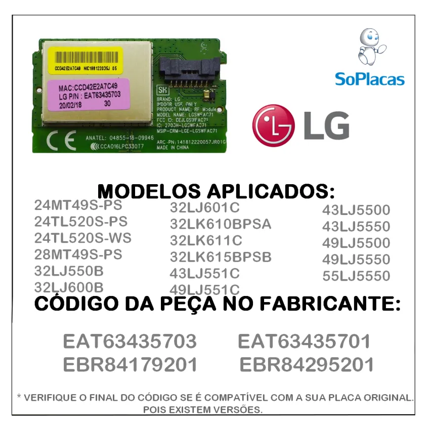 PLACA WIFI LG 24MT49S 24TL520S 24TL520S 28MT49S 32LJ550B 32LJ600B 32LJ601C 32LK610B 32LK611C 32LK615B EAT63435703