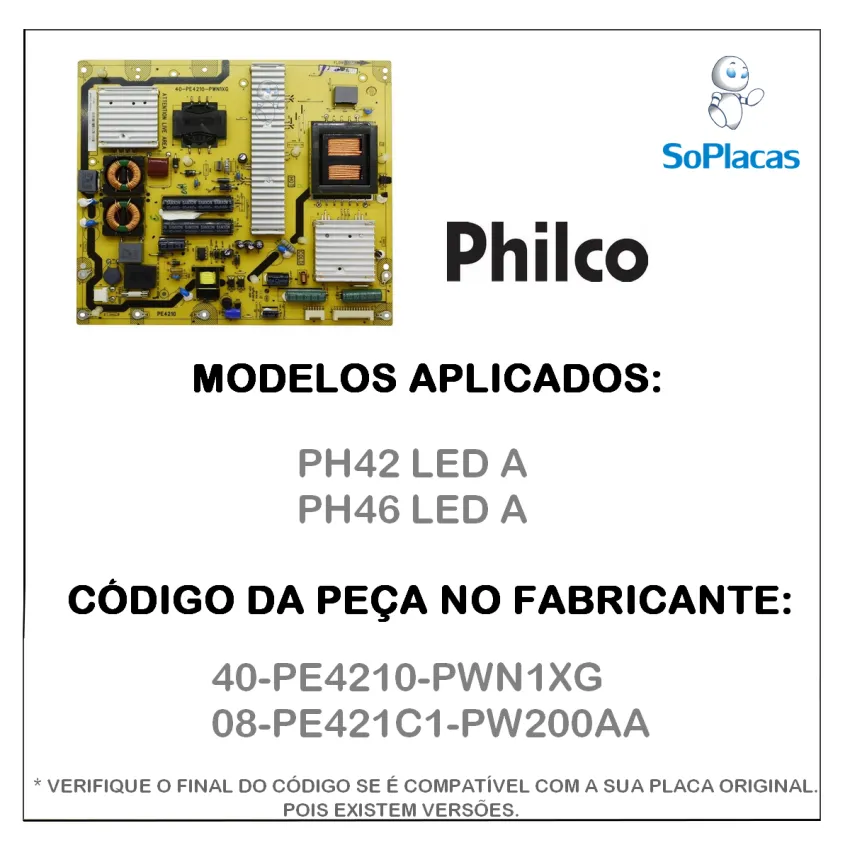 PLACA FONTE PHILCO PH42 LED A | PH46 LED A 40-PE4210-PWN1XG 08-PE421C1-PW200AA | ORIGINAL