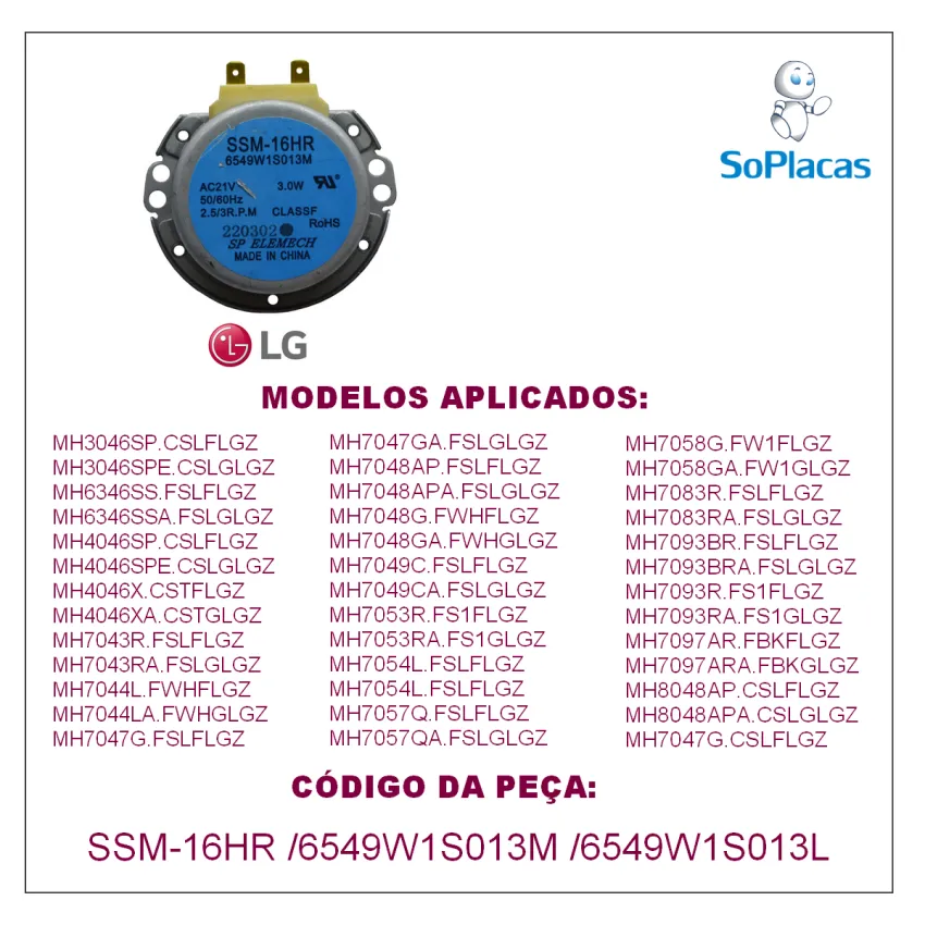 MOTOR DO PRATO GIRATÓRIO MICROONDAS LG SSM-16HR 21V 6549W1S013M - ORIGINAL