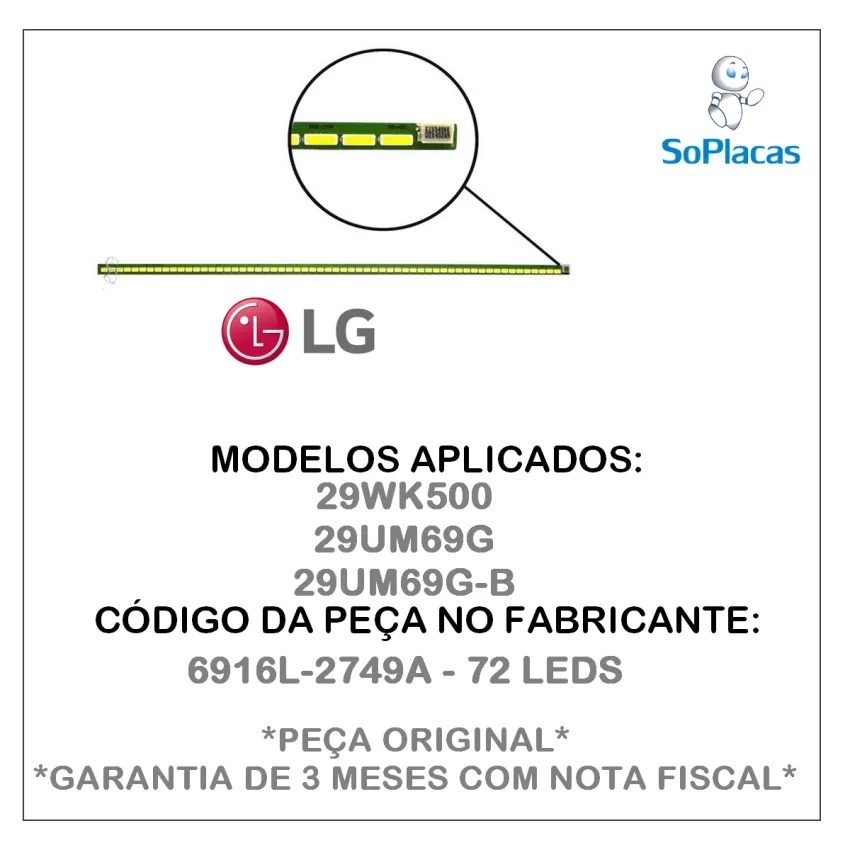 BARRA DE LED MONITOR 29WK500 29UM69G 29UM69G-B 6916L-2749A | 72 LEDS | SEMI NOVO