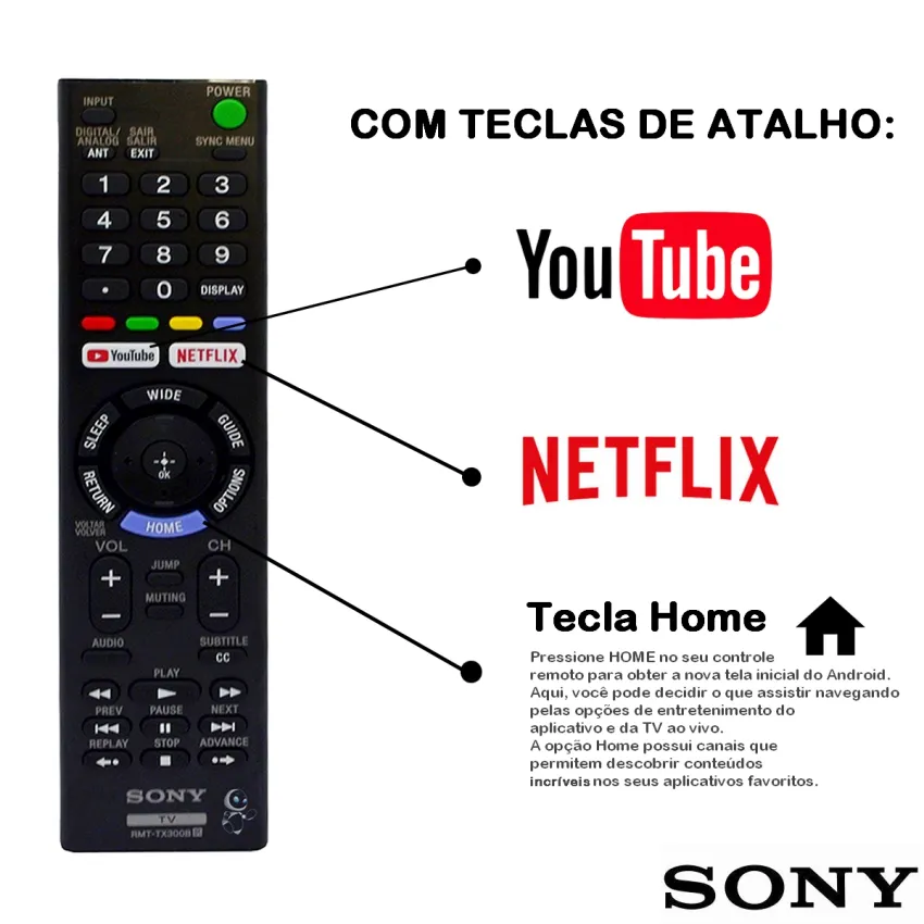CONTROLE REMOTO SONY SMART RMT-TX300B KD-43X727E KD-49X705E KD-49X706E KD-49X725E KD-49X727E KD-55X705E ORIGINAL