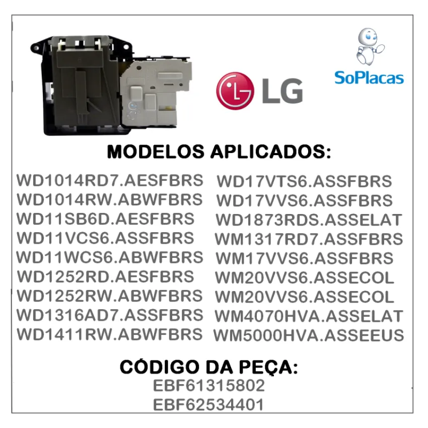 TRAVA PORTA com sensor da LAVA E SECA LG 120V WD1014RD7 WD11SB6D WD1252RD EBF61315802 | ORIGINAL