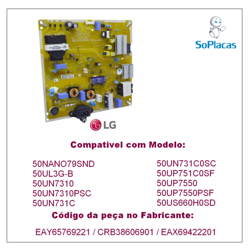 PLACA FONTE LG 50NANO79SND 50UN7310 50UN731C0SC 50UP751C0SF 50UP7550 50US660H0SD EAY65769221 CRB38623001 (SEMI NOVO)