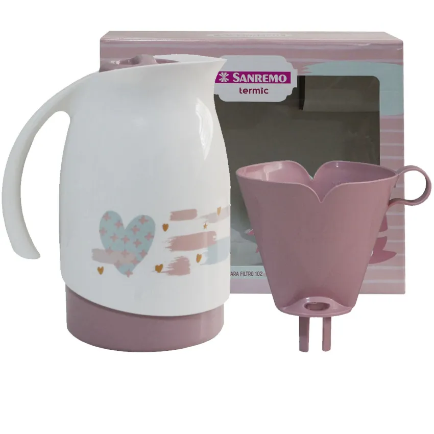 GARRAFA TÉRMICA/BULE + SUPORTE PARA FILTRO DE CAFÉ TAM 102 SANREMO COR: BRANCO E ROSA | SR1011/70