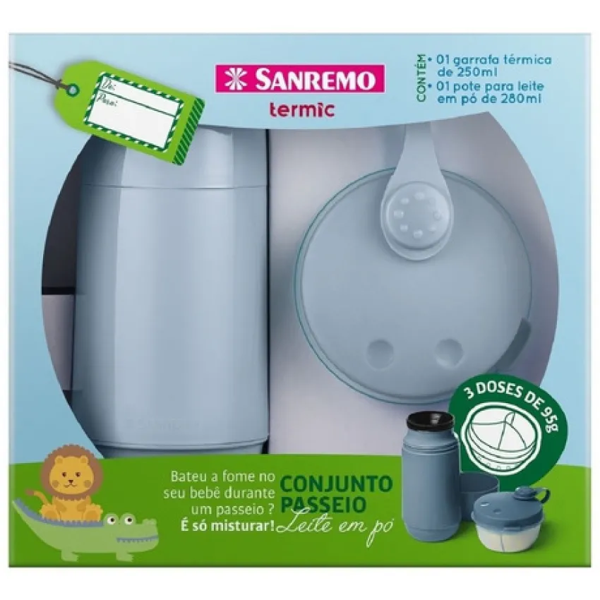 Conjunto Passeio Garrafa 250ml + Pote Para Leite Em Po Azul Bebê Sanremo (SR1001/63)