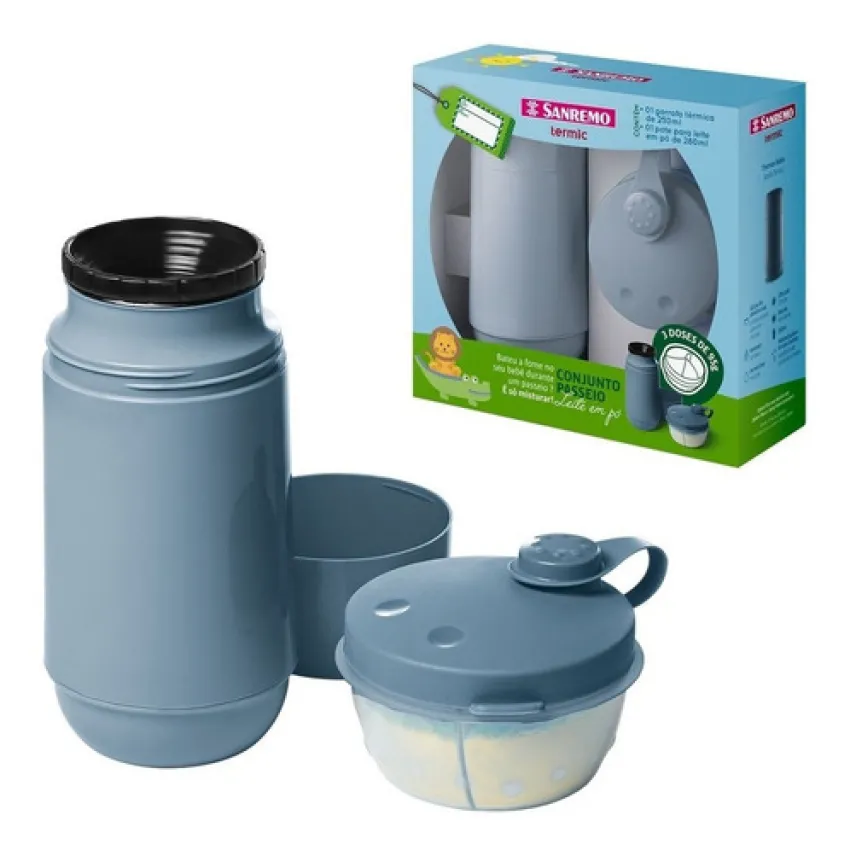 Conjunto Passeio Garrafa 250ml + Pote Para Leite Em Po Azul Bebê Sanremo (SR1001/63)