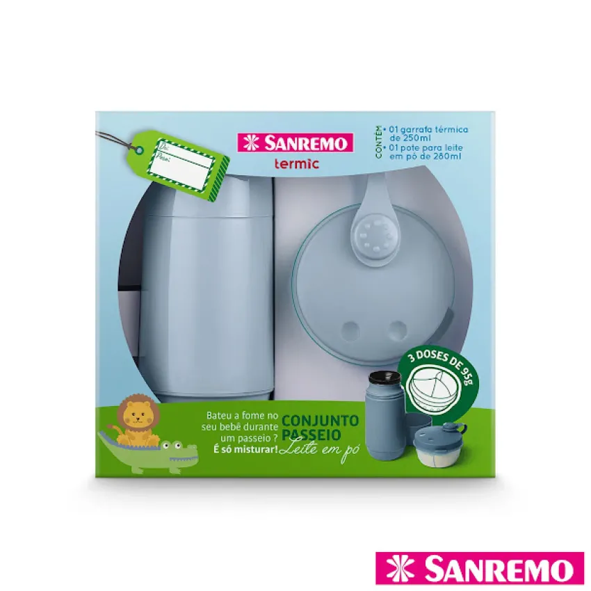 Conjunto Passeio Garrafa 250ml + Pote Para Leite Em Po Azul Bebê Sanremo (SR1001/63)