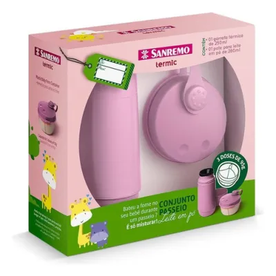 Conjunto Passeio Garrafa 250ml + Pote Para Leite Em Po Rosa Bebê Sanremo (SR1001/62)