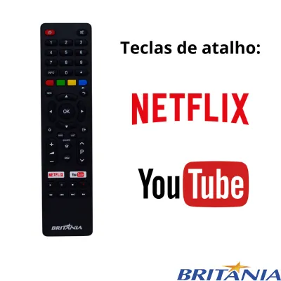 CONTROLE REMOTO BRITÂNIA BTV28G51SN BTV32G51SN BTV40E63SN ATALHOS: NETFLIX - YOUTUBE | ORIGINAL