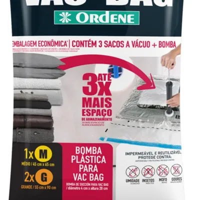 Kit Organizador a Vácuo Vac Bag Ordene – 3 Sacos + Bomba Manual (1 Médio e 2 Grandes) OR56200