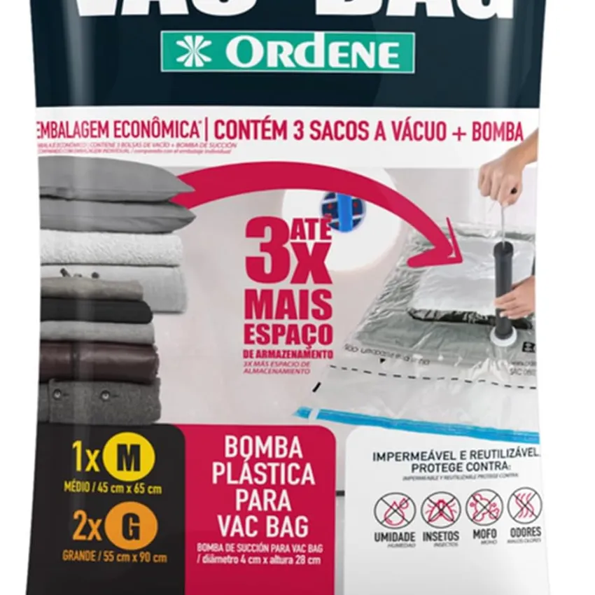 Kit Organizador a Vácuo Vac Bag Ordene – 3 Sacos + Bomba Manual (1 Médio e 2 Grandes) OR56200