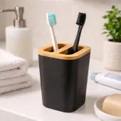 Suporte para Escova de Dente em Plástico e Bambu – Cor Preto OR94020