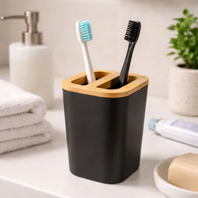 Suporte para Escova de Dente em Plástico e Bambu – Cor Preto OR94020