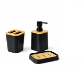 Kit Banheiro Ordene 3 Peças Preto com Bambu – Saboneteira, Dispenser e Porta-Escovas