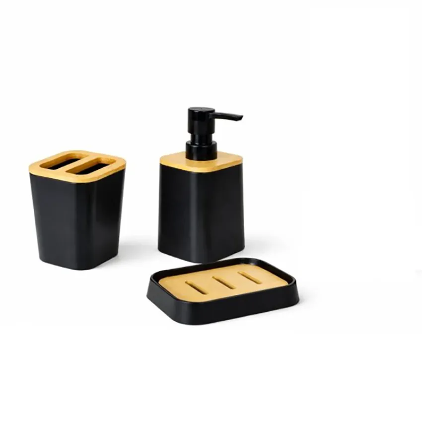 Kit Banheiro Ordene 3 Peças Preto com Bambu – Saboneteira, Dispenser e Porta-Escovas