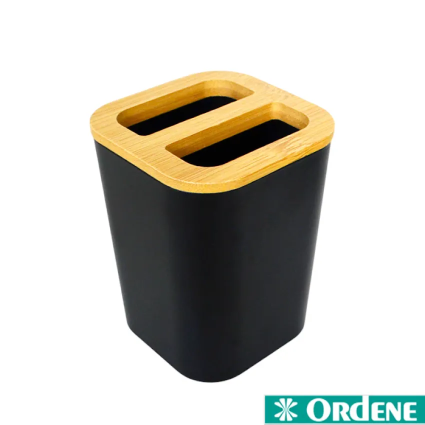 Kit Banheiro Ordene 4 Peças Preto com Bambu – Saboneteira, Dispenser, Porta-Escovas e Escova Sanitária