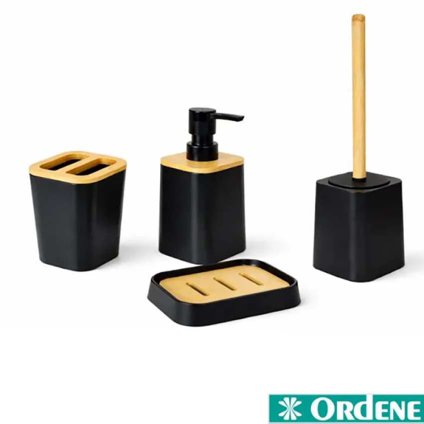 Kit Banheiro Ordene 4 Peças Preto com Bambu – Saboneteira, Dispenser, Porta-Escovas e Escova Sanitária