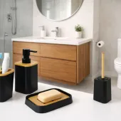 Kit Banheiro Ordene 4 Peças Preto com Bambu – Saboneteira, Dispenser, Porta-Escovas e Escova Sanitária