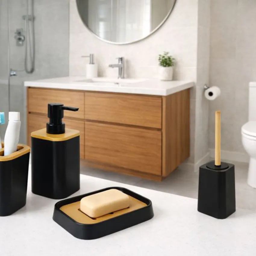 Kit Banheiro Ordene 4 Peças Preto com Bambu – Saboneteira, Dispenser, Porta-Escovas e Escova Sanitária